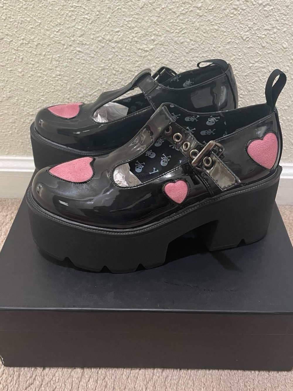 Black Patent Platform Mary Janes with Pink Suede Heart Accents
